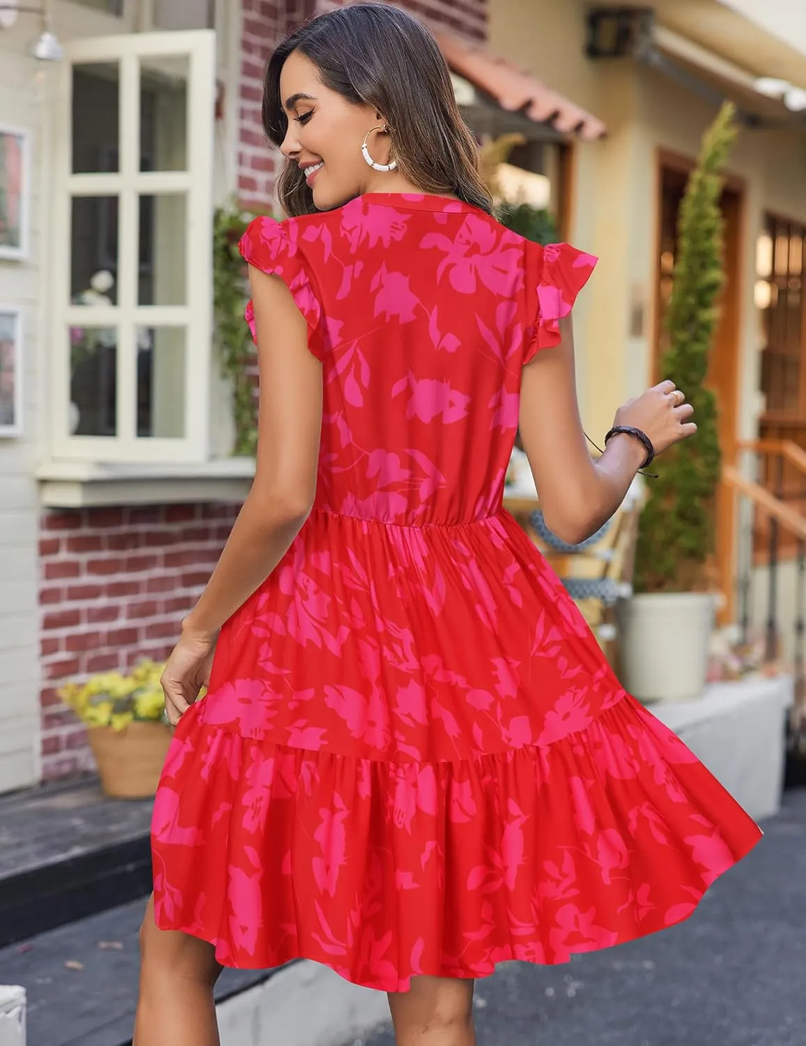 HOTOUCH Women Printed Dress for Summer Short Ruffle Sleeve Dress Tiered Mini Dress with Pockets