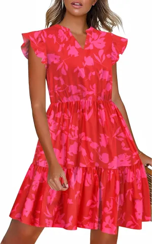 HOTOUCH Women Printed Dress for Summer Short Ruffle Sleeve Dress Tiered Mini Dress with Pockets