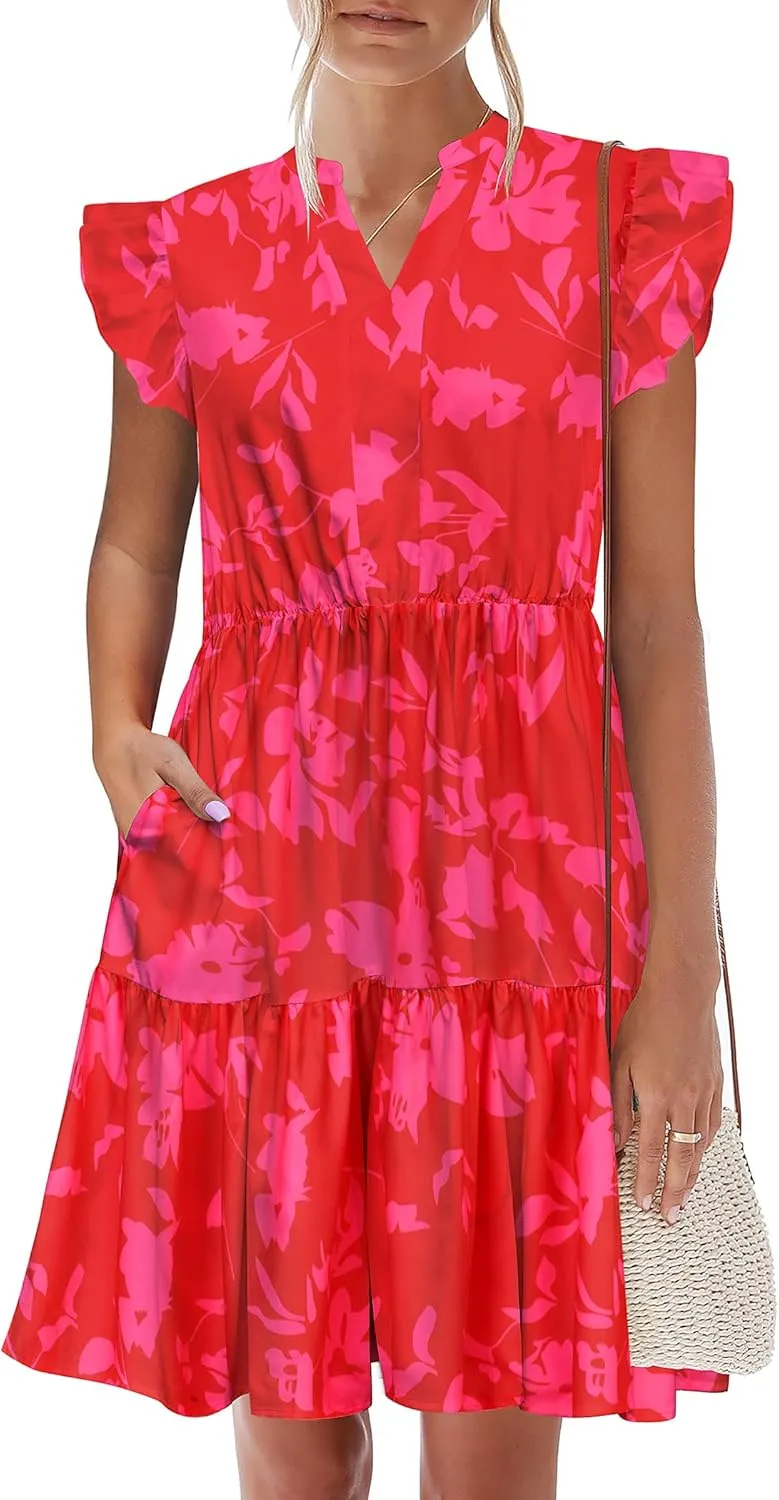 HOTOUCH Women Printed Dress for Summer Short Ruffle Sleeve Dress Tiered Mini Dress with Pockets
