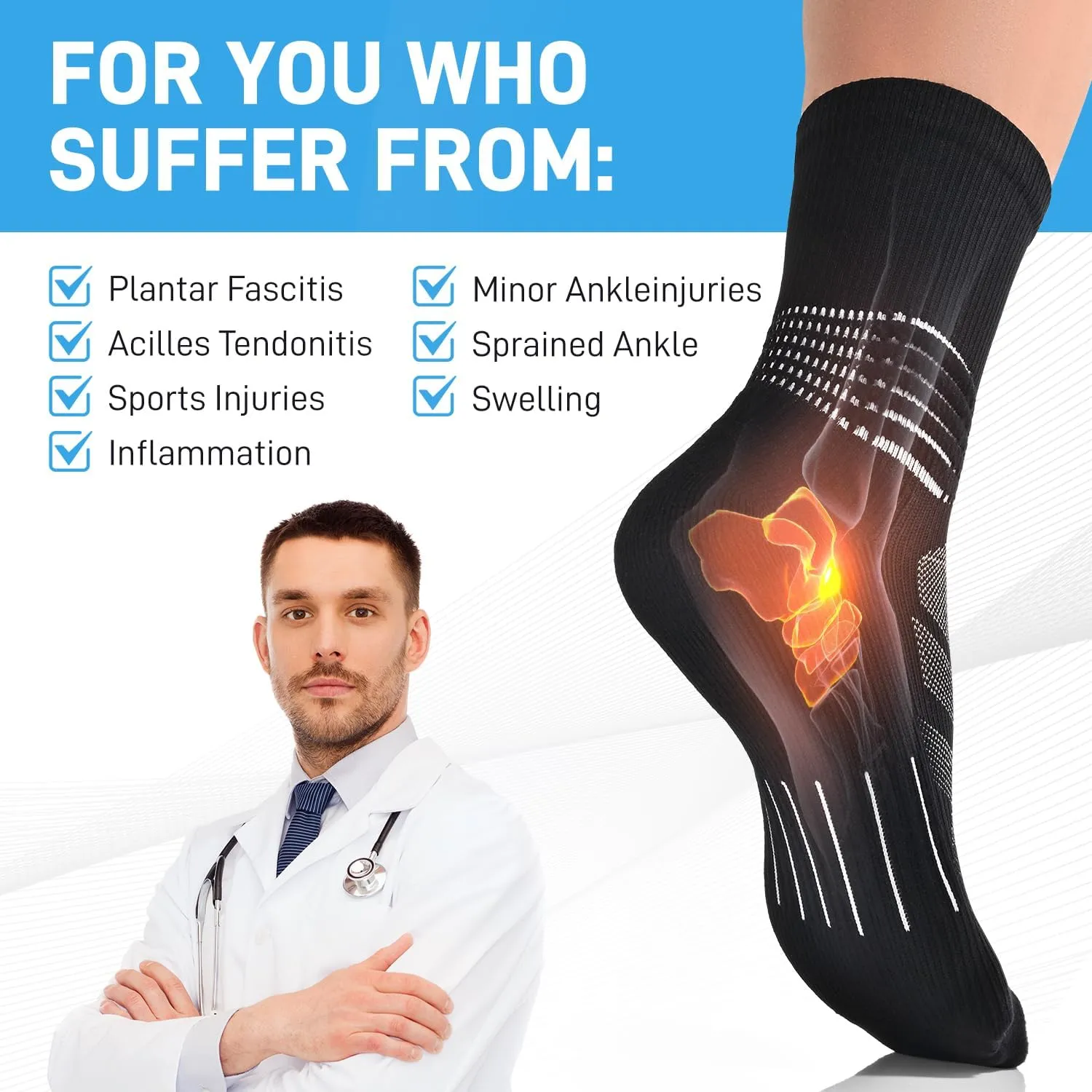 IRAMY Compression Ankle Support Crew Socks Men Women Coolmax Wicking Plantar Fasciitis Relief Running Hiking Socks 3 Pairs
