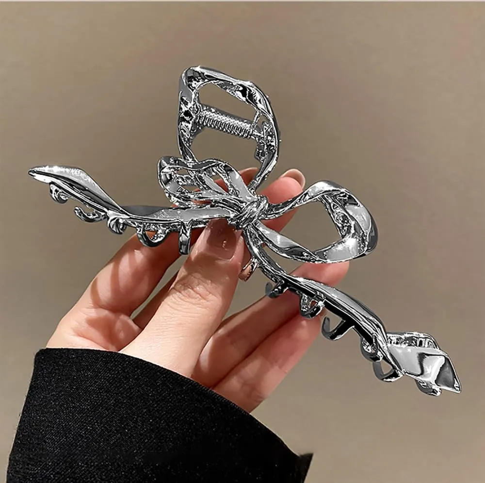 Irregular Sliver Geometry Hair Claw Clips, Elegant Bow Design Barrettes, Large Non-Slip Hair Catch Ornaments and Accessories for Women Bride