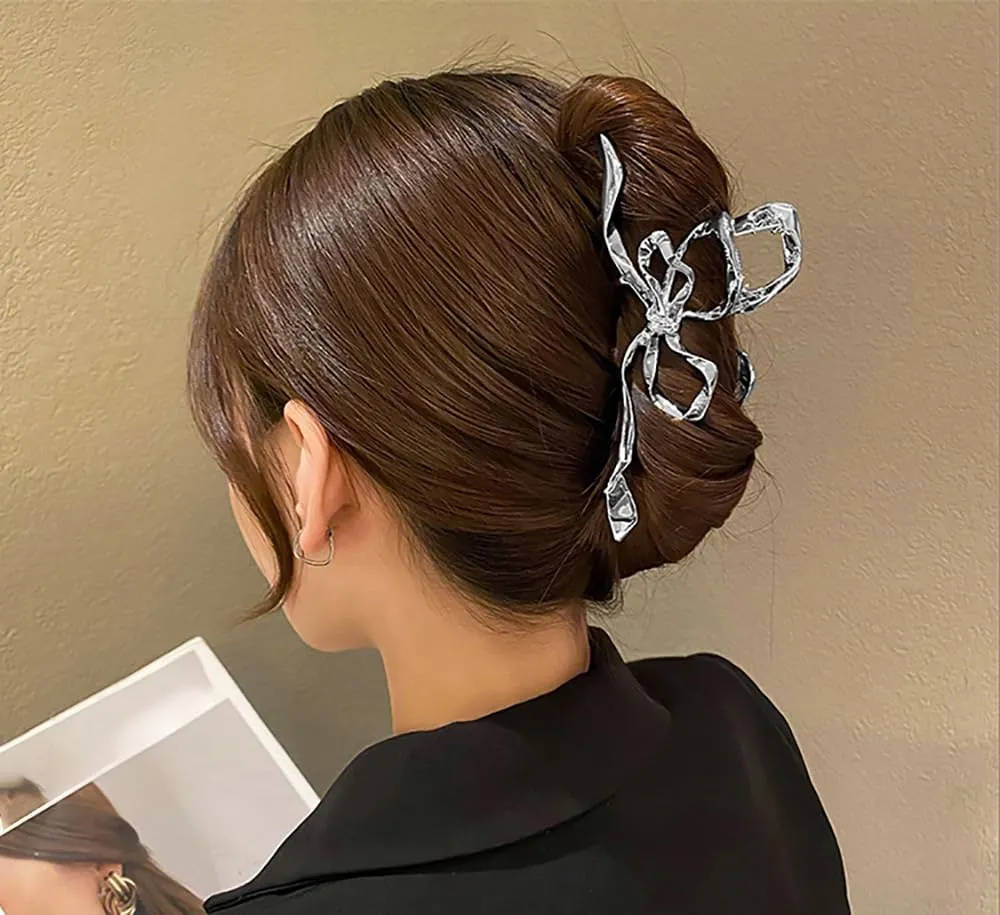 Irregular Sliver Geometry Hair Claw Clips, Elegant Bow Design Barrettes, Large Non-Slip Hair Catch Ornaments and Accessories for Women Bride