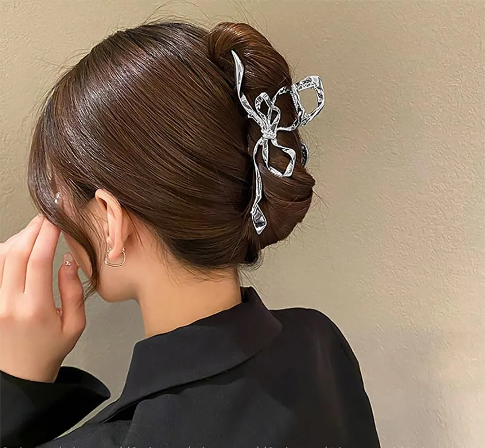 Irregular Sliver Geometry Hair Claw Clips, Elegant Bow Design Barrettes, Large Non-Slip Hair Catch Ornaments and Accessories for Women Bride