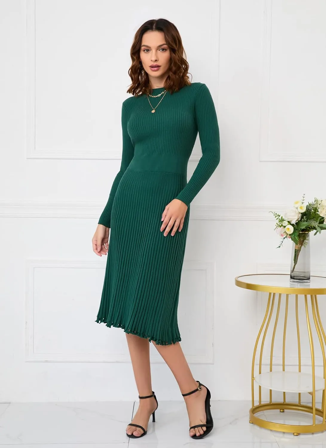 IWFEV Sweater Dress Mid-Calf Pleated Dress Long Sleeve Knit Pullover Bodycon Women's Maxi Dress