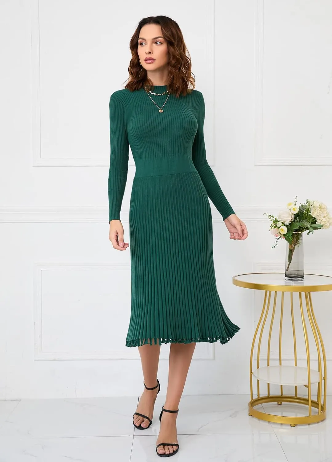 IWFEV Sweater Dress Mid-Calf Pleated Dress Long Sleeve Knit Pullover Bodycon Women's Maxi Dress