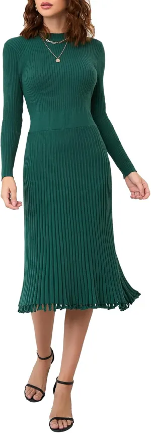 IWFEV Sweater Dress Mid-Calf Pleated Dress Long Sleeve Knit Pullover Bodycon Women's Maxi Dress