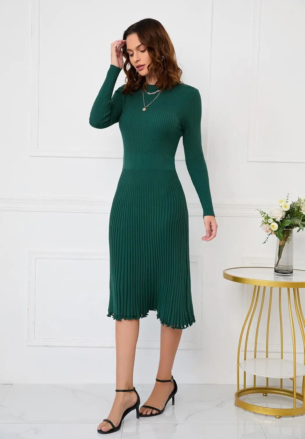 IWFEV Sweater Dress Mid-Calf Pleated Dress Long Sleeve Knit Pullover Bodycon Women's Maxi Dress