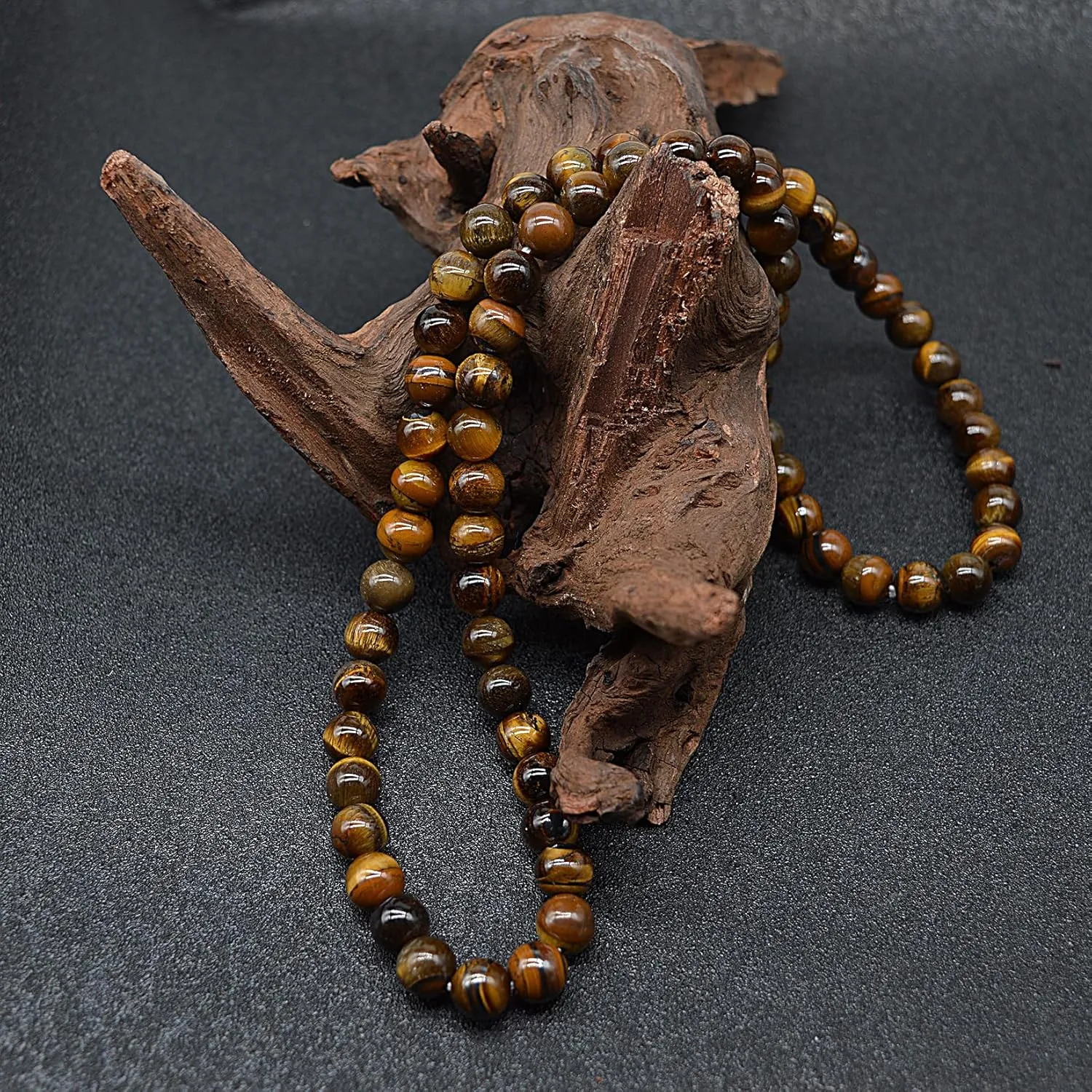 KIKILA 8MM Natural Tiger Eye Lava Stone Beaded Choker Necklace Genuine Gemstone Anxiety Stretch Necklace For Men