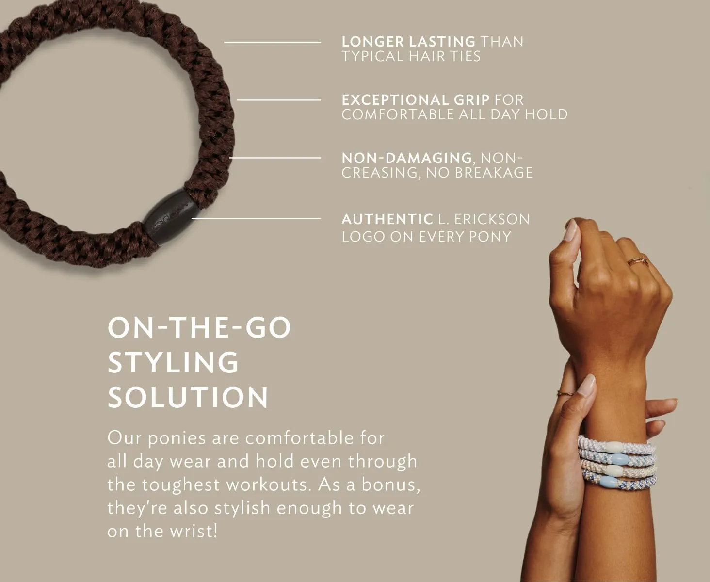 L. Erickson Grab & Go Pony Hair Ties - Silver Grey - 8 Pack Grab and Go Ponytail Holders - Hair Ties No Damage - White Color Hair Bands Hair Accessories for Women