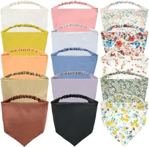 Lawie 15 Pack Large Solid Colorful Floral Bandana Headband Triangle Satin Silk Blank Plain Boho Hair Scarf Headbands Elastic Kerchief Neckerchief Head Neck Scarves Hand Wrap Hairbands for Women Girl