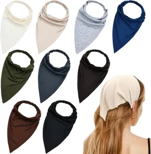 Lawie 9 Pack Solid Large Cotton Triangle Head Scarf Elastic Hair Bandana Headbands Plain Silk Head Coverings Neck Scarves Wraps Blank Headscarf Kerchief Bulk for Women