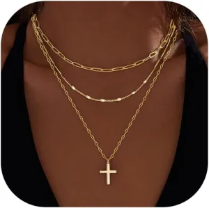 Layered Gold Necklaces for Women,Stackable Dainty 14K Gold Silver Plated Trendy Circle Paperclip Chain Pendant Choker Necklace,Simpl Diamond Cross Bow Jewelry Set Gifts for Women