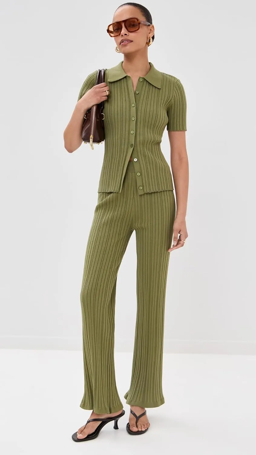 LE BOP Women's Ribbed Flare Pants