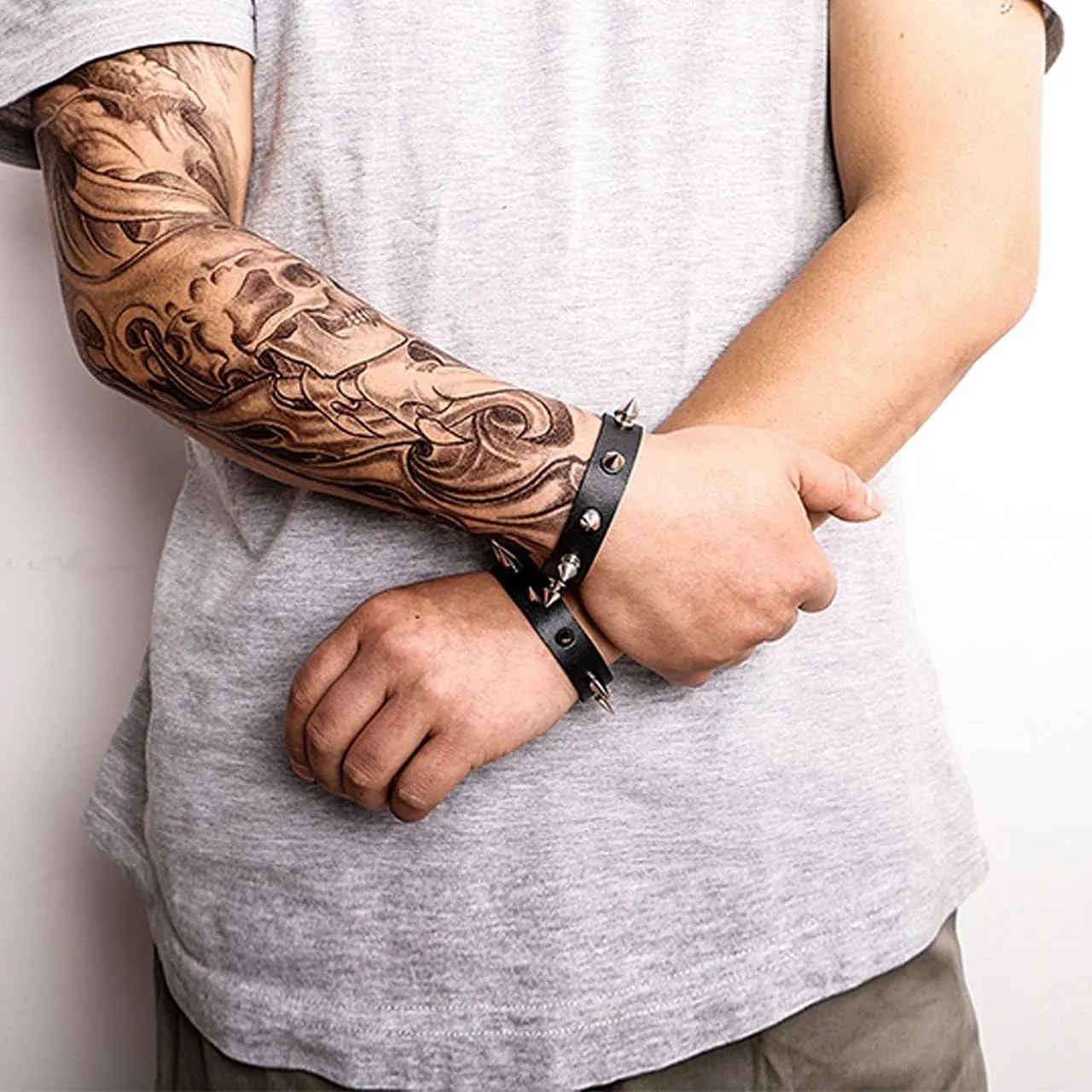 Leather Cuff Bracelet Punk Bracelet Rock Braided Rivets Wristband for Men Women Adjustable