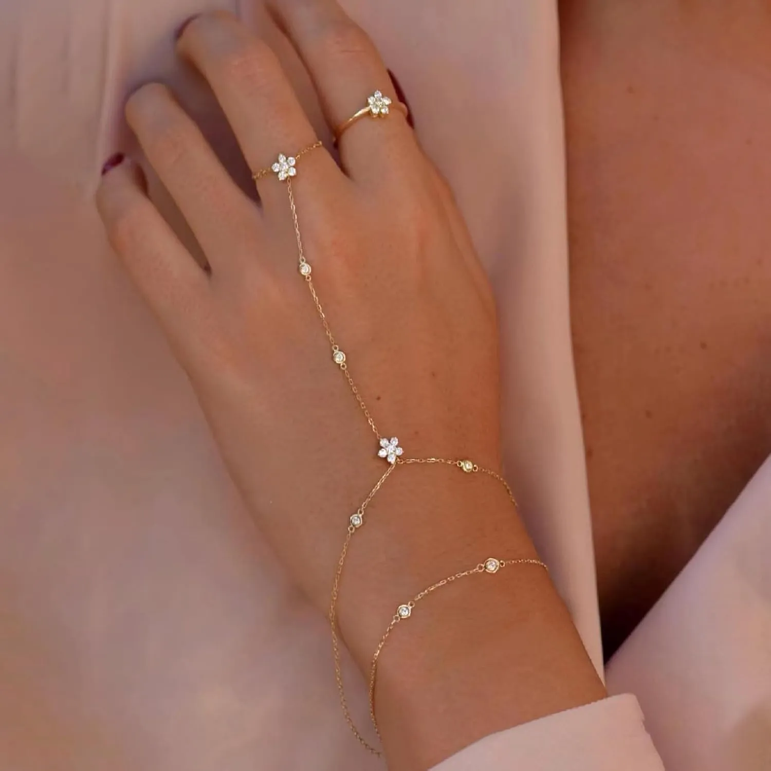 Listine Hand Chain Bracelet 14K Gold Plated Ring Bracelet Hand Chain Trendy Stuff for Women Dainty Hand Bracelets with Finger Ring Hand Jewelry for Women