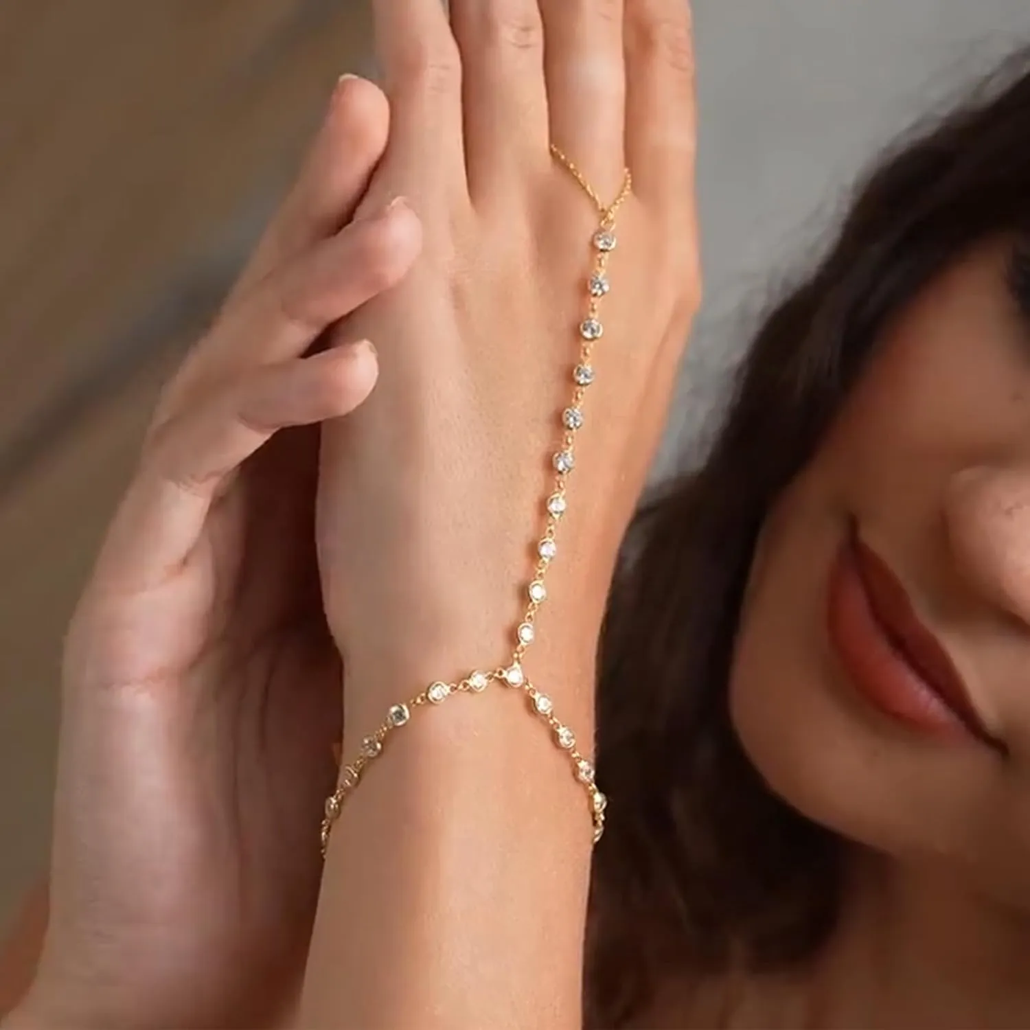 Long tiantian Hand Chain for Women Ring Bracelet Hand Chain Dainty Gold Finger Ring Slave Bracelet Zircon Hands Jewelry Gifts Trendy Stuff 2025