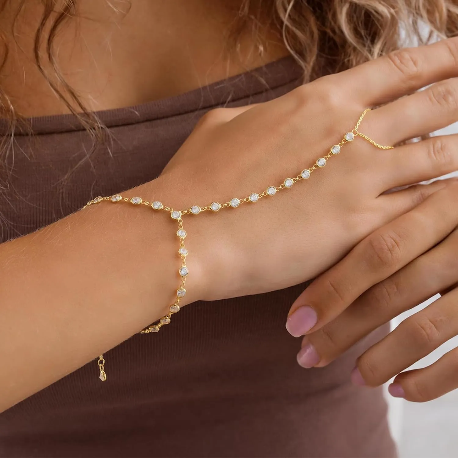 Long tiantian Hand Chain for Women Ring Bracelet Hand Chain Dainty Gold Finger Ring Slave Bracelet Zircon Hands Jewelry Gifts Trendy Stuff 2025