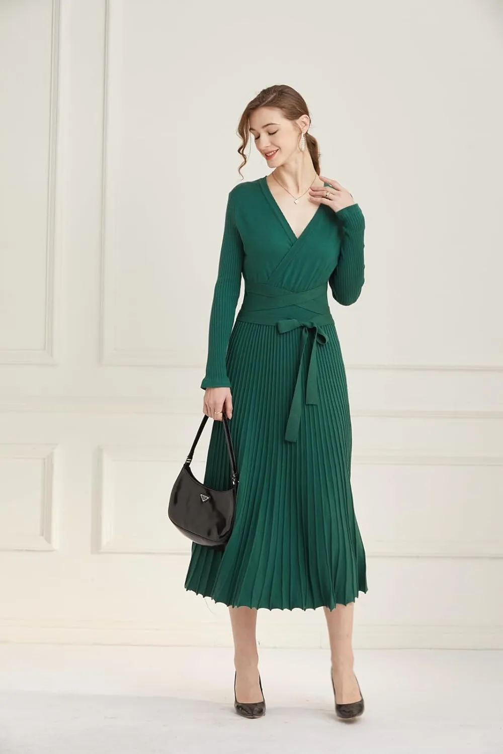 LOUSEA Women fit and Flare Sweater Dress tie Waist Pleated Dress Crewneck Knitted Dress