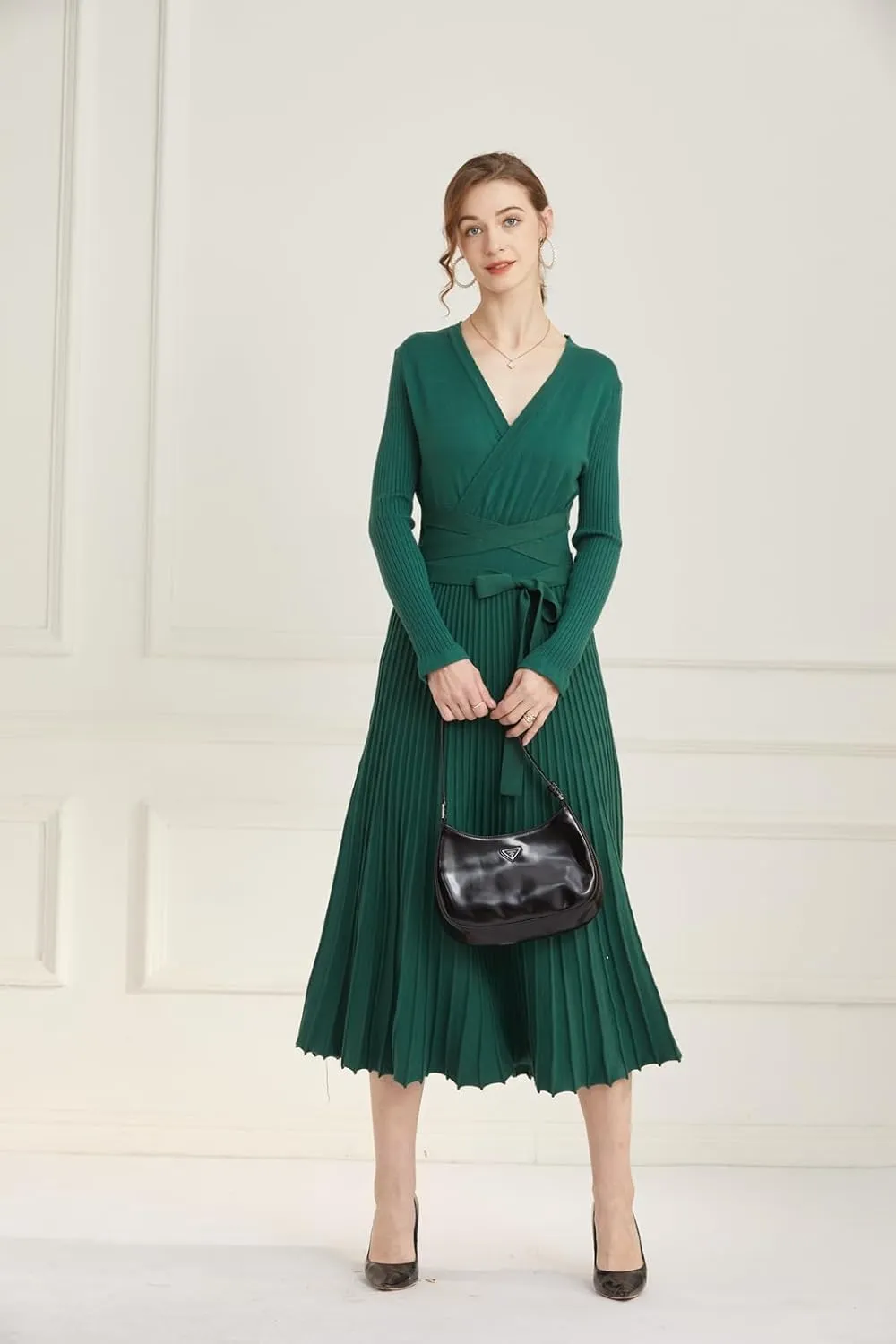 LOUSEA Women fit and Flare Sweater Dress tie Waist Pleated Dress Crewneck Knitted Dress