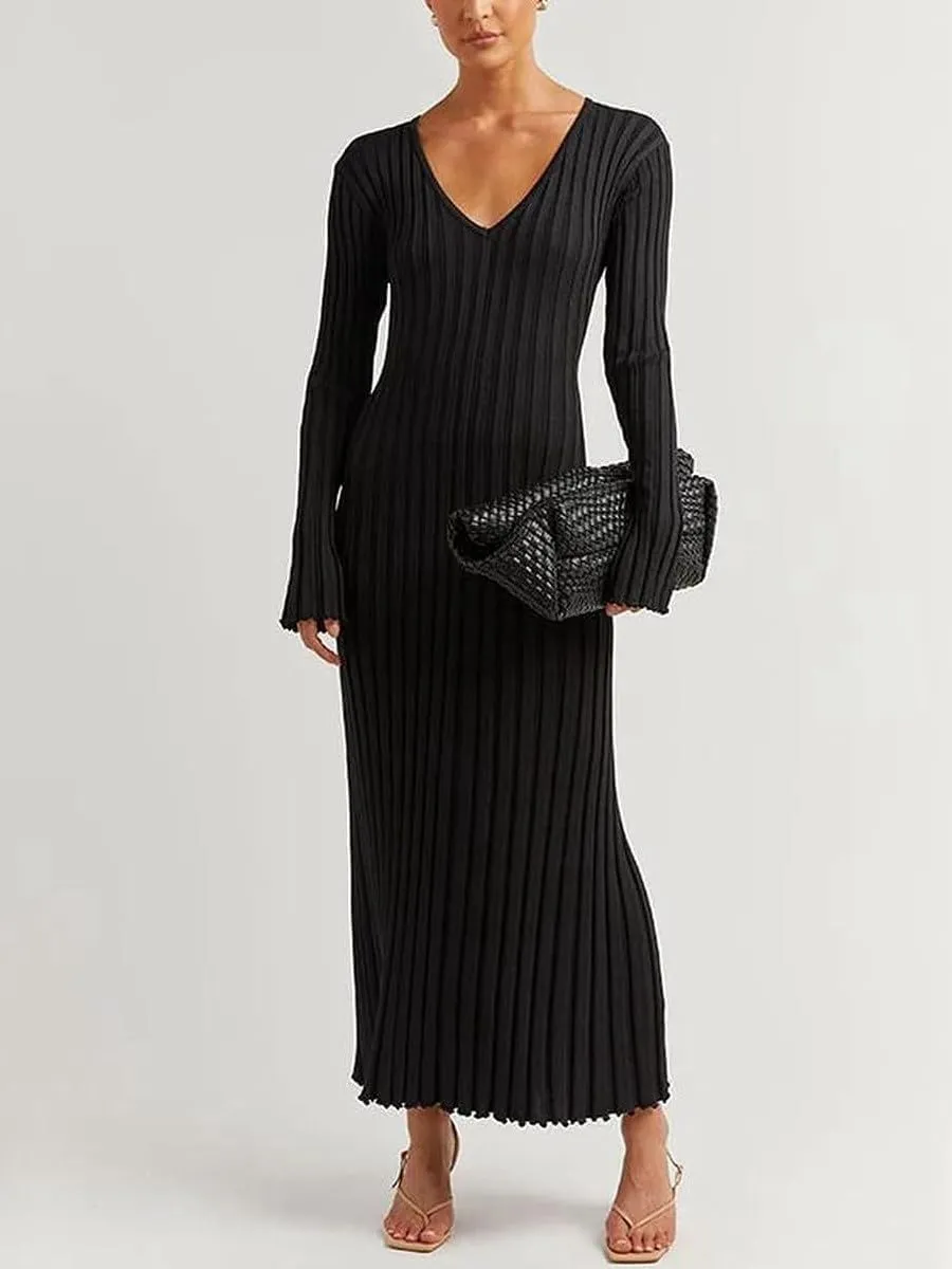 LOUSEA Women fit and Flare Sweater Dress tie Waist Pleated Dress Crewneck Knitted Dress