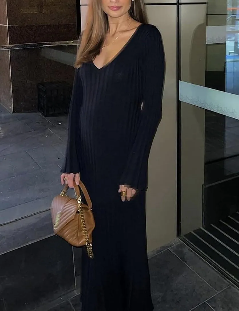 LOUSEA Women fit and Flare Sweater Dress tie Waist Pleated Dress Crewneck Knitted Dress
