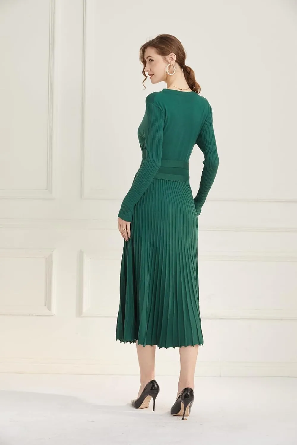 LOUSEA Women fit and Flare Sweater Dress tie Waist Pleated Dress Crewneck Knitted Dress