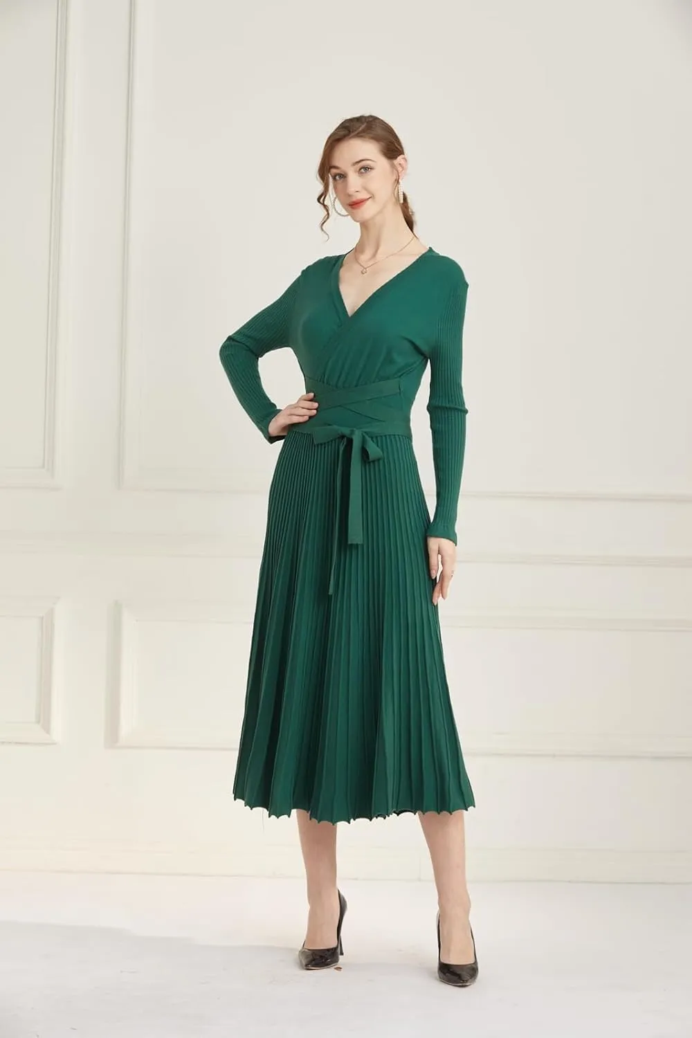 LOUSEA Women fit and Flare Sweater Dress tie Waist Pleated Dress Crewneck Knitted Dress