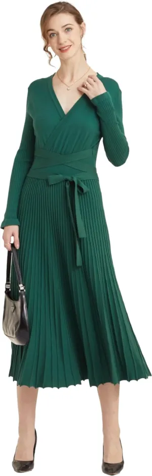 LOUSEA Women fit and Flare Sweater Dress tie Waist Pleated Dress Crewneck Knitted Dress