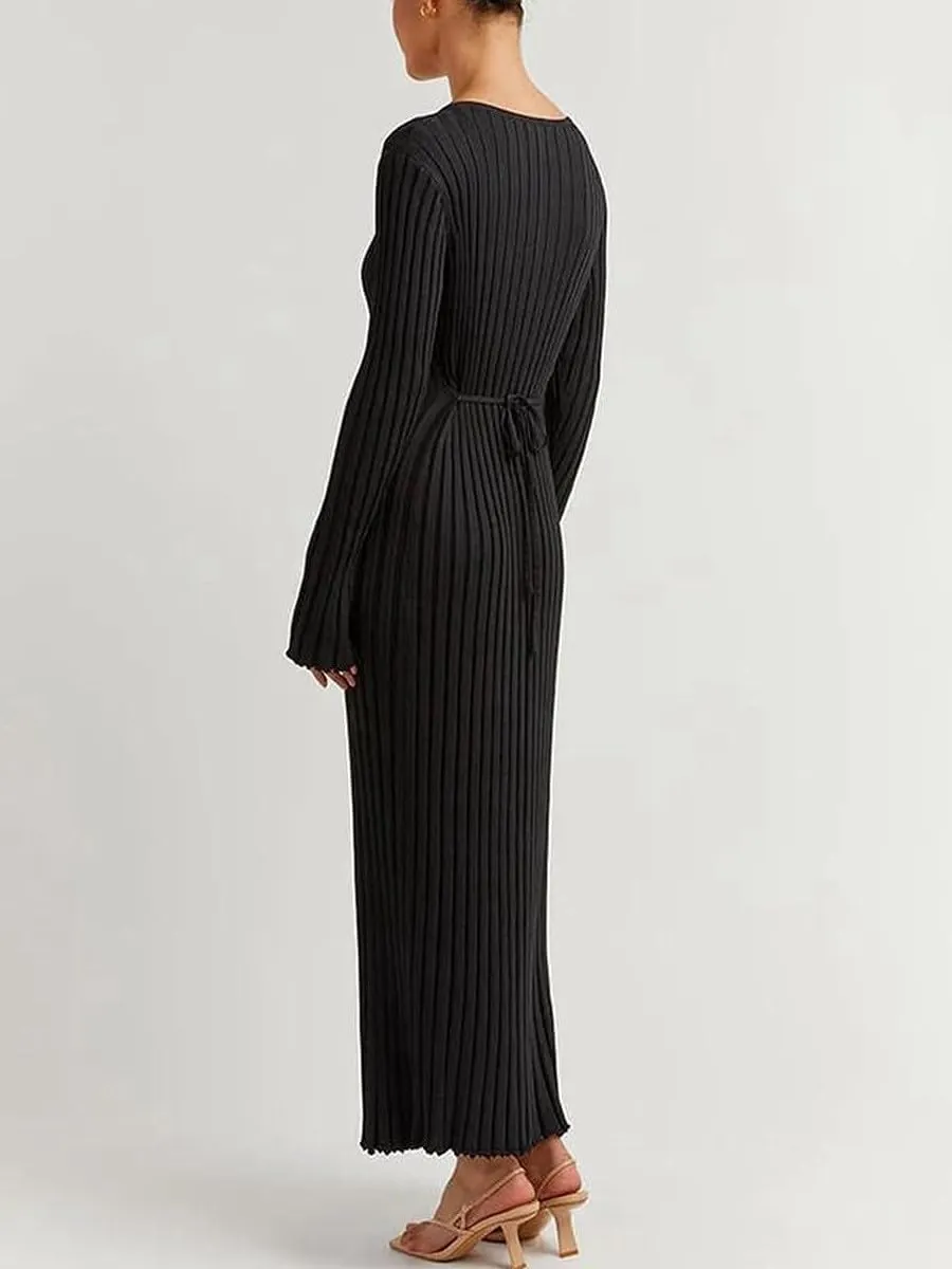 LOUSEA Women fit and Flare Sweater Dress tie Waist Pleated Dress Crewneck Knitted Dress
