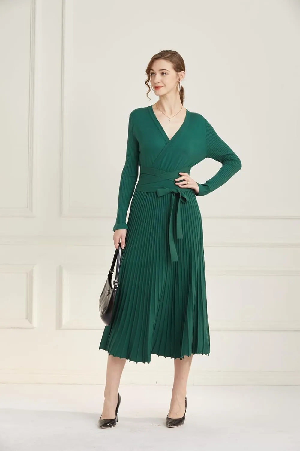 LOUSEA Women fit and Flare Sweater Dress tie Waist Pleated Dress Crewneck Knitted Dress