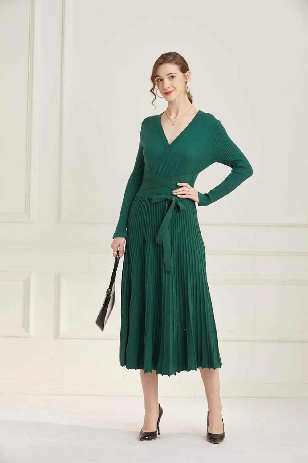 LOUSEA Women fit and Flare Sweater Dress tie Waist Pleated Dress Crewneck Knitted Dress