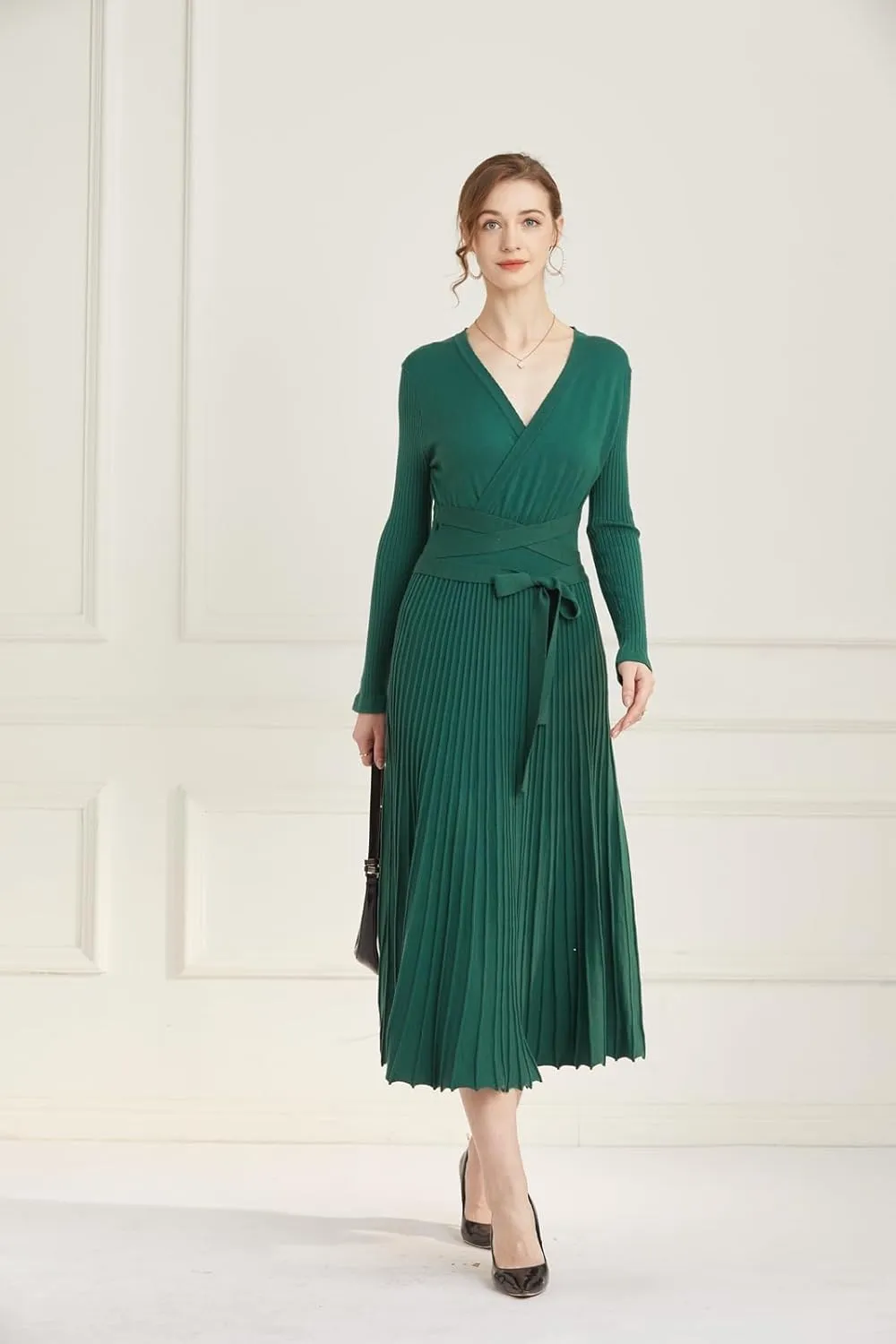 LOUSEA Women fit and Flare Sweater Dress tie Waist Pleated Dress Crewneck Knitted Dress