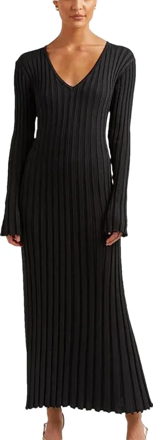 LOUSEA Women fit and Flare Sweater Dress tie Waist Pleated Dress Crewneck Knitted Dress