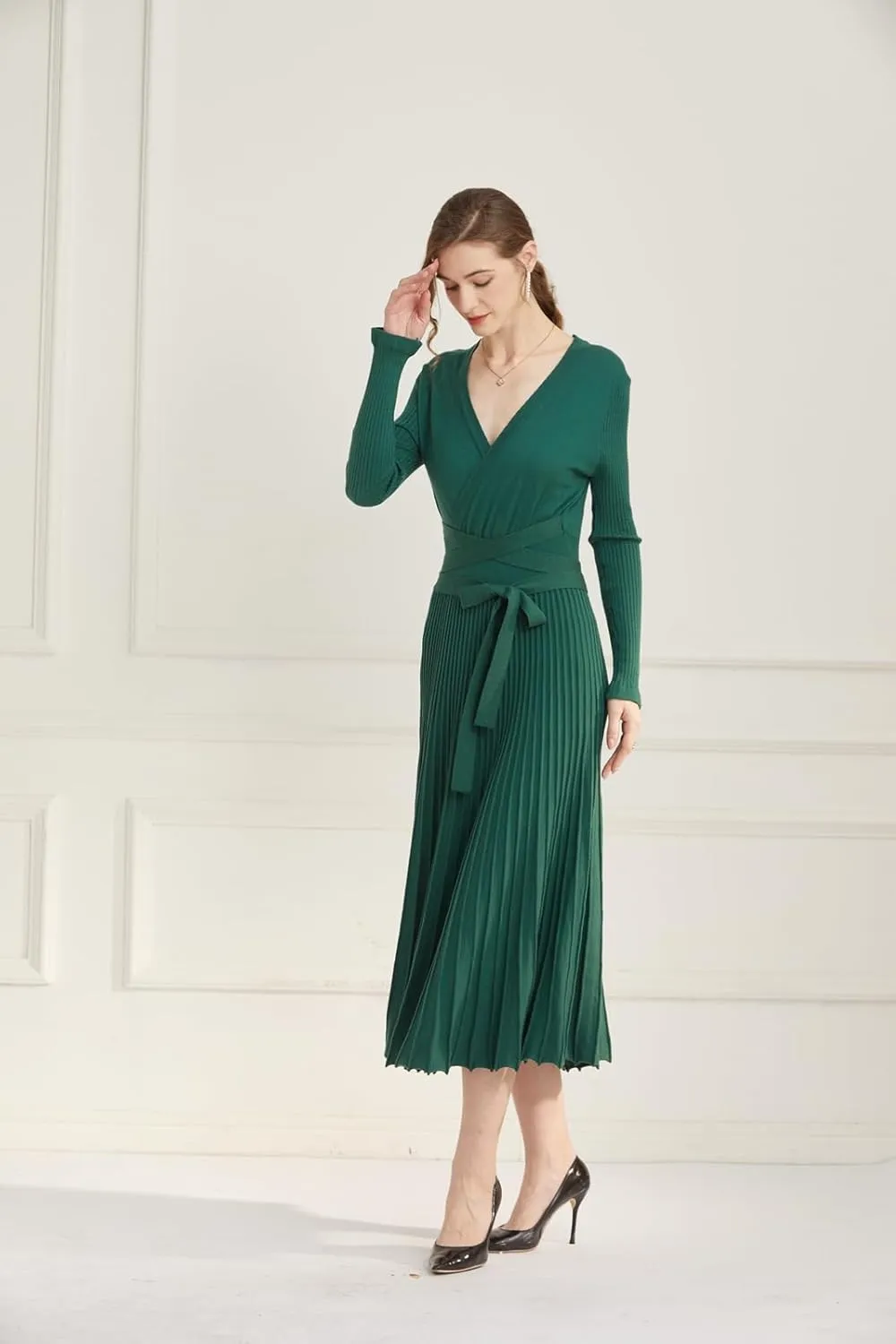 LOUSEA Women fit and Flare Sweater Dress tie Waist Pleated Dress Crewneck Knitted Dress