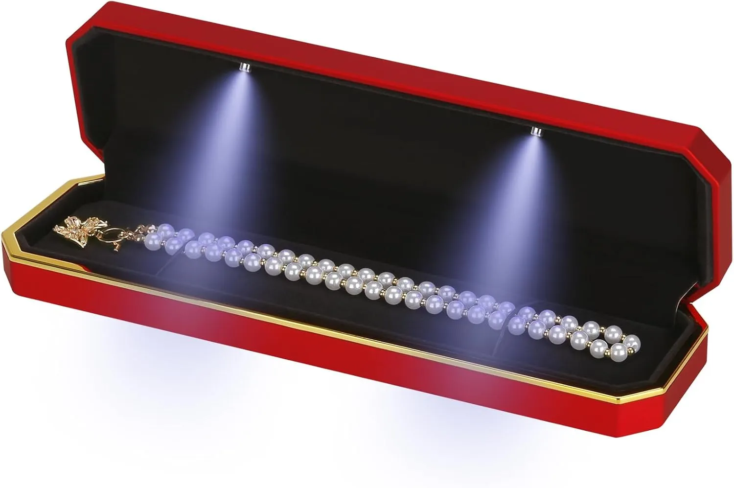 Luxury LED Necklace Long Chain Gift Box with LED Light, Velvet Jewelry Box Storage Case Organizer Holder (Red)