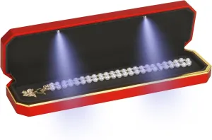 Luxury LED Necklace Long Chain Gift Box with LED Light, Velvet Jewelry Box Storage Case Organizer Holder (Red)