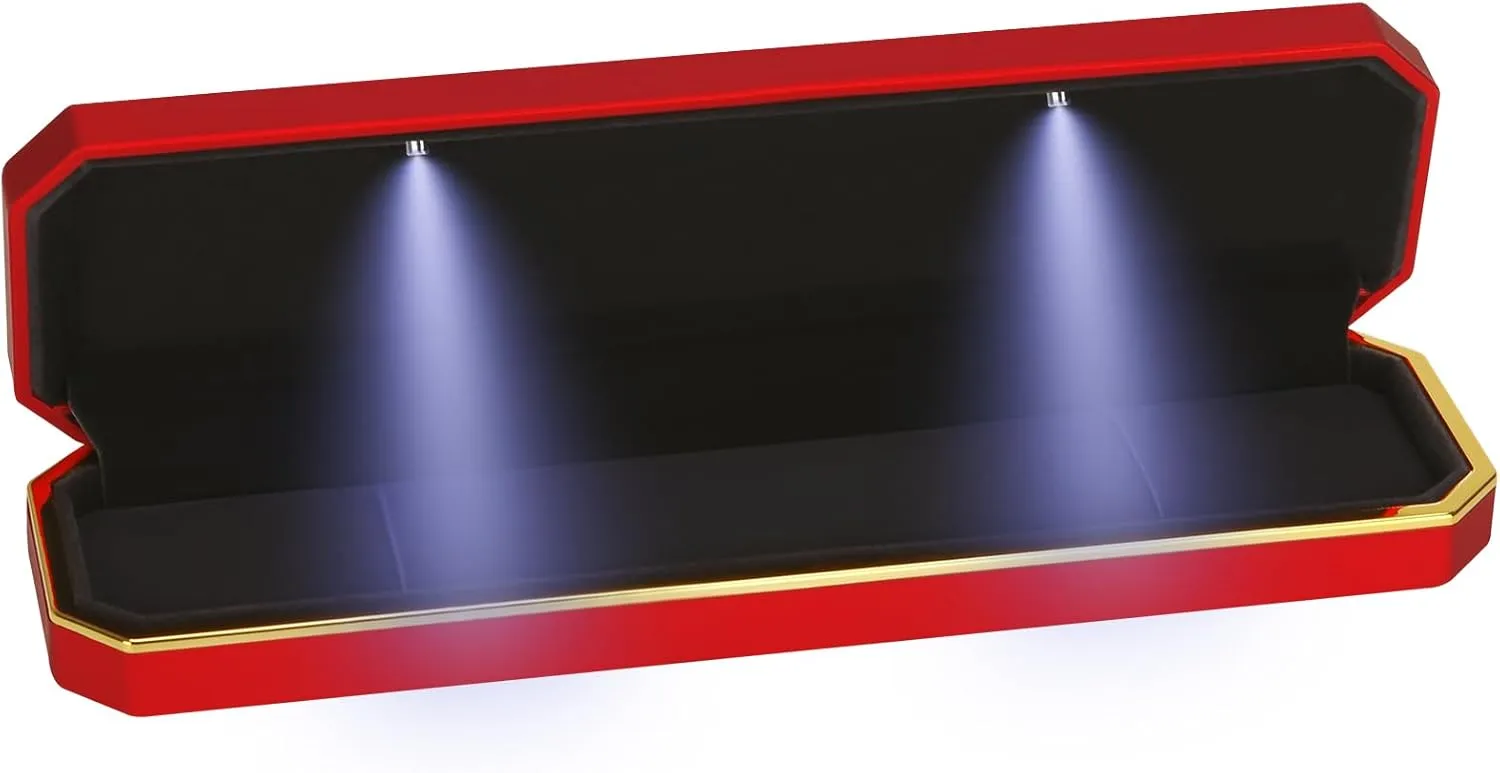 Luxury LED Necklace Long Chain Gift Box with LED Light, Velvet Jewelry Box Storage Case Organizer Holder (Red)