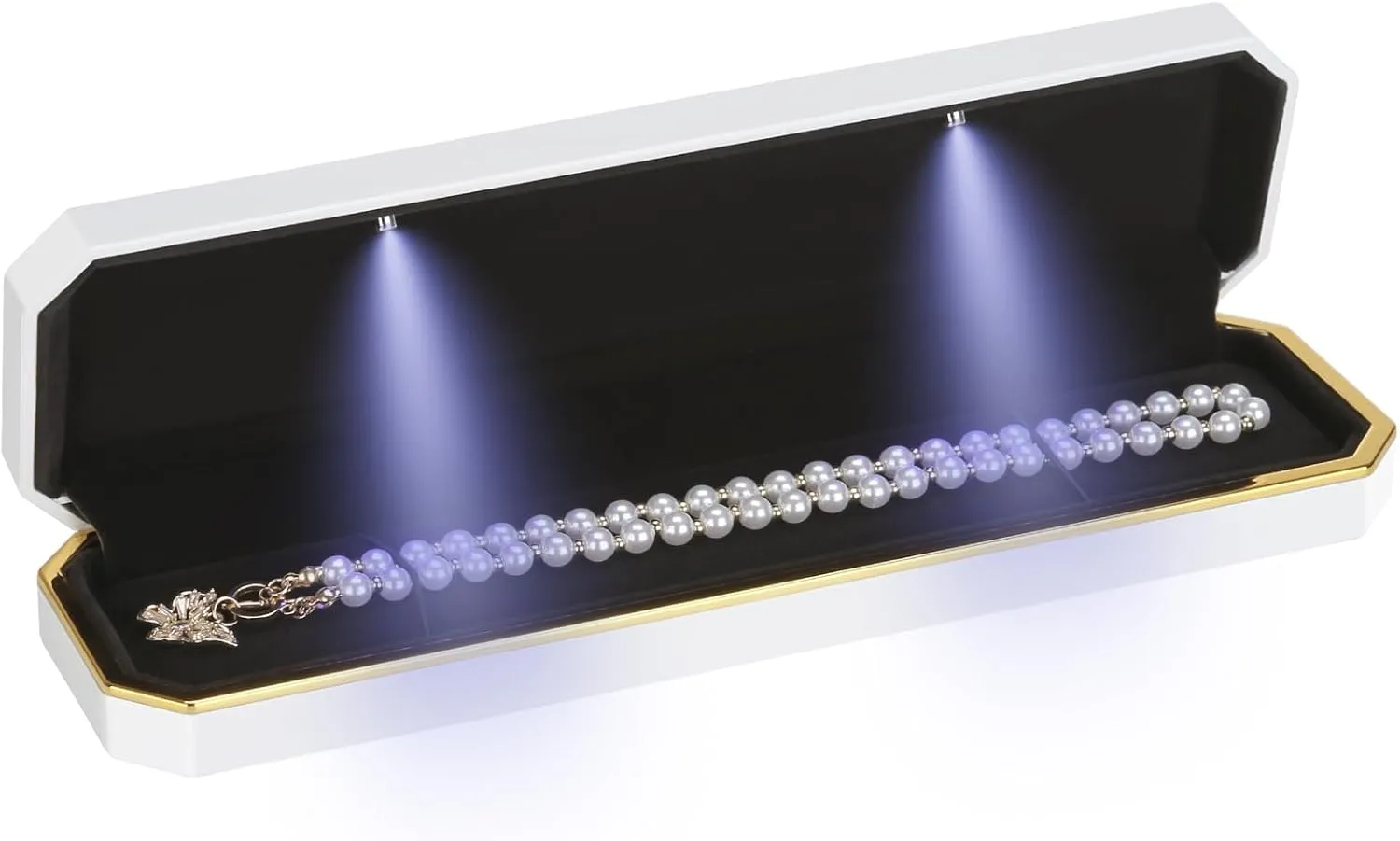 Luxury LED Necklace Long Chain Gift Box with LED Light, Velvet Jewelry Box Storage Case Organizer Holder (White)