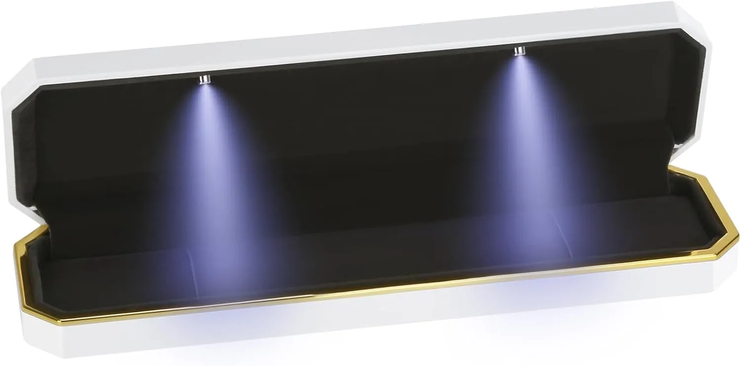 Luxury LED Necklace Long Chain Gift Box with LED Light, Velvet Jewelry Box Storage Case Organizer Holder (White)