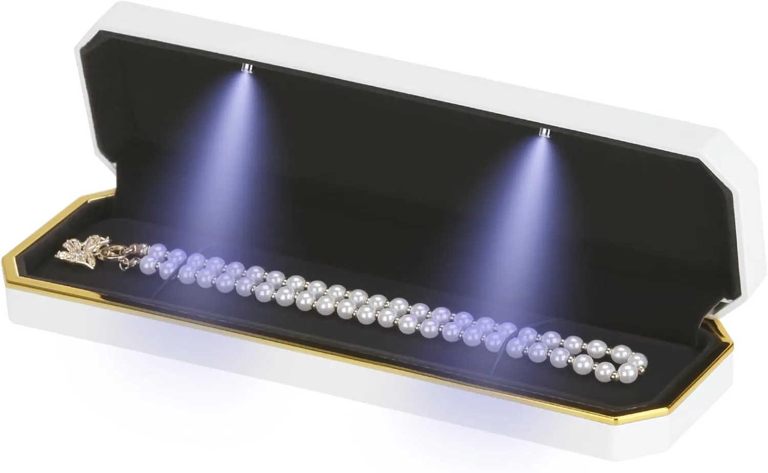 Luxury LED Necklace Long Chain Gift Box with LED Light, Velvet Jewelry Box Storage Case Organizer Holder (White)