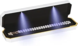 Luxury LED Necklace Long Chain Gift Box with LED Light, Velvet Jewelry Box Storage Case Organizer Holder (White)