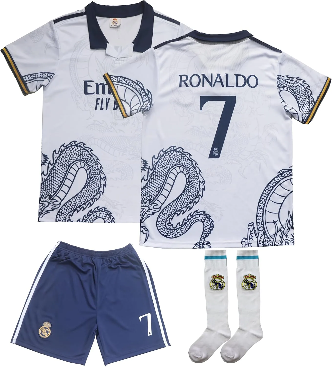 Madrid Ronaldo No #7 Special Dragon Edition Kids Soccer Jersey Kit Shorts Socks Set Youth Sizes