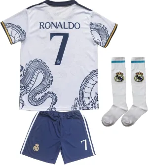 Madrid Ronaldo No #7 Special Dragon Edition Kids Soccer Jersey Kit Shorts Socks Set Youth Sizes