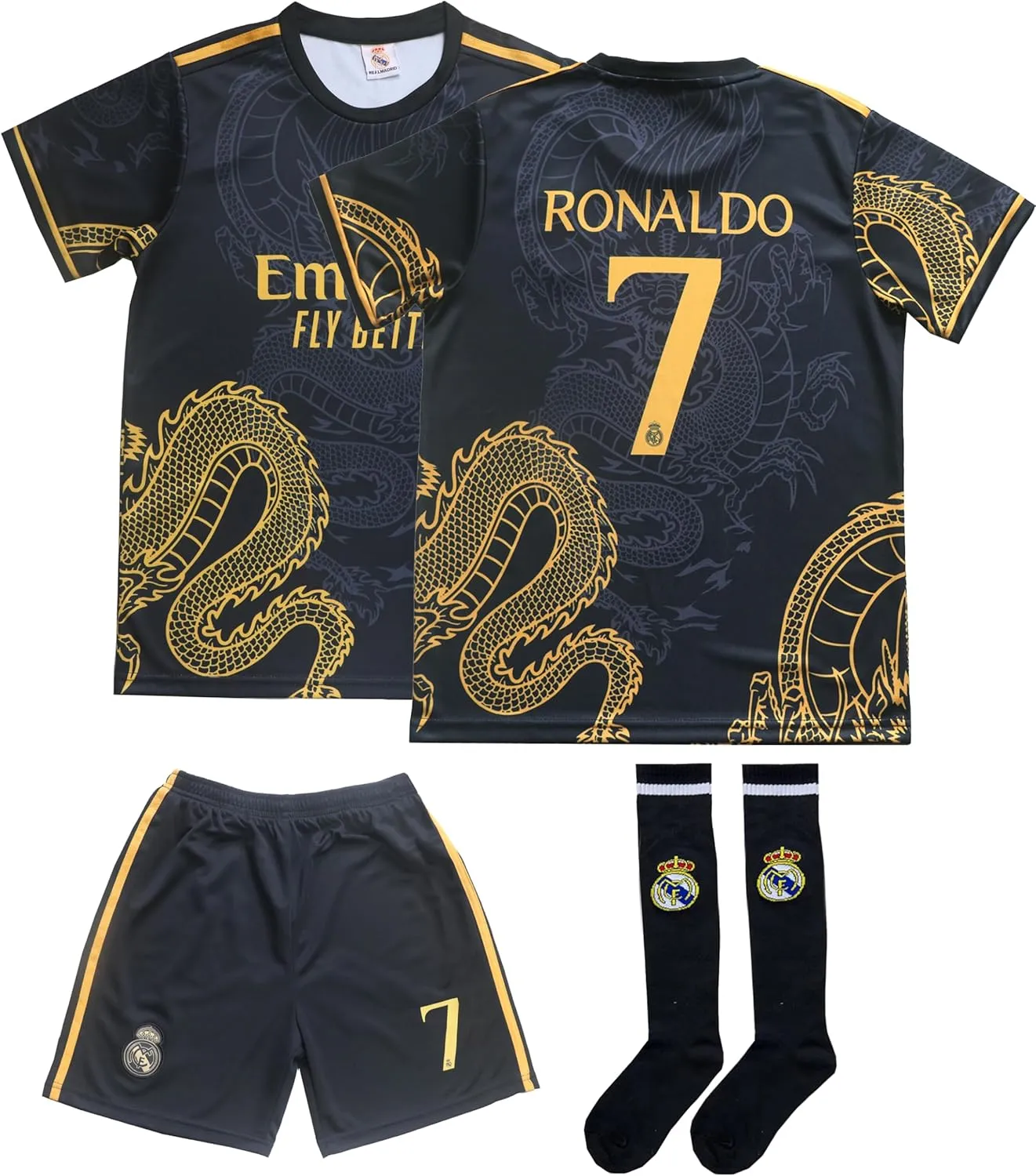 Madrid Ronaldo No #7 Special Dragon Edition Kids Soccer Jersey Kit Shorts Socks Set Youth Sizes