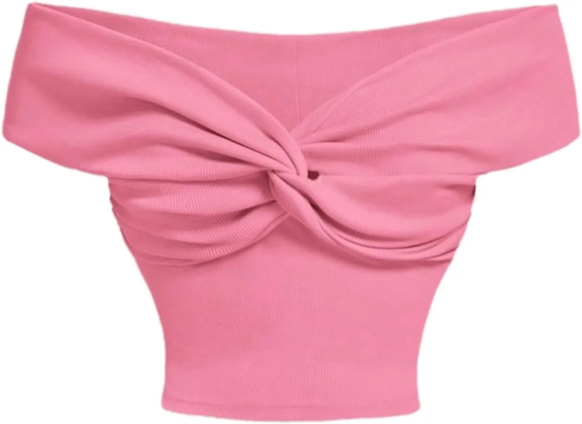 MakeMeChic Women's Off The Shoulder Tops Twist Front Going Out Tops Y2k Asymmetrical Crop Tops