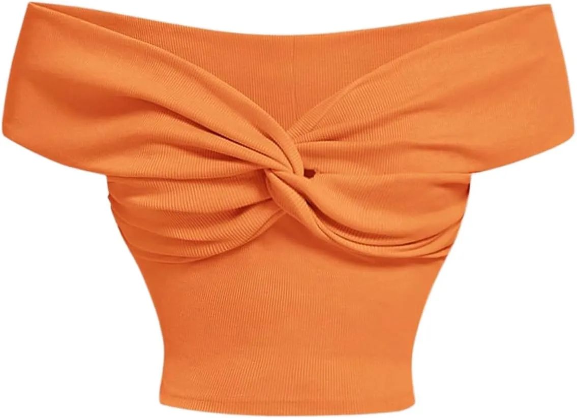 MakeMeChic Women's Off The Shoulder Tops Twist Front Going Out Tops Y2k Asymmetrical Crop Tops