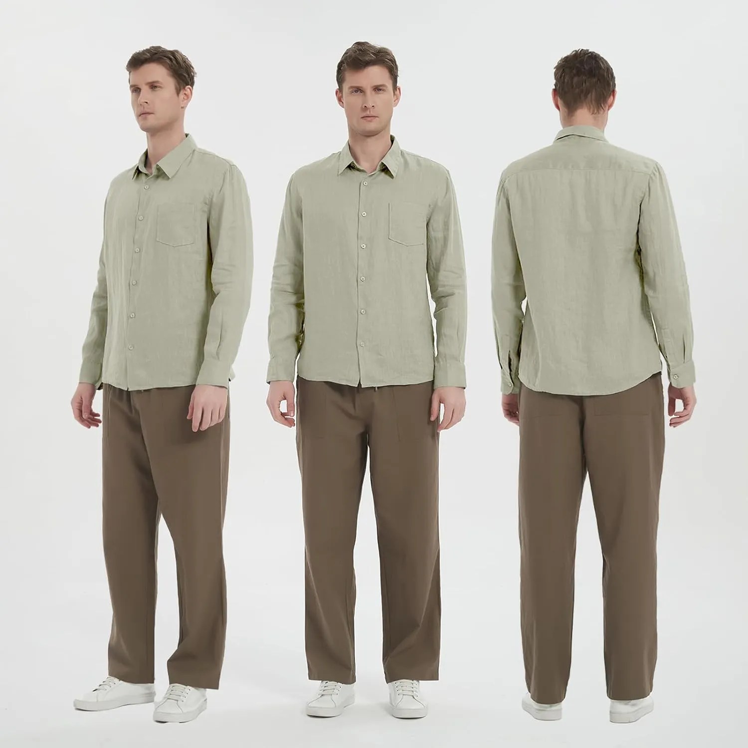 Men's 100% Linen Shirt Casual Long Sleeve Button-Down Shirt for Men Lightweight Linen Shirt with Pockets
