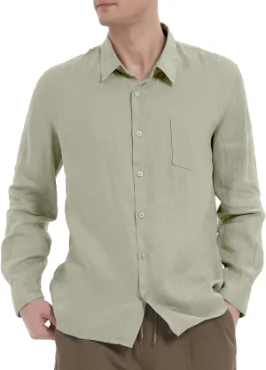Men's 100% Linen Shirt Casual Long Sleeve Button-Down Shirt for Men Lightweight Linen Shirt with Pockets