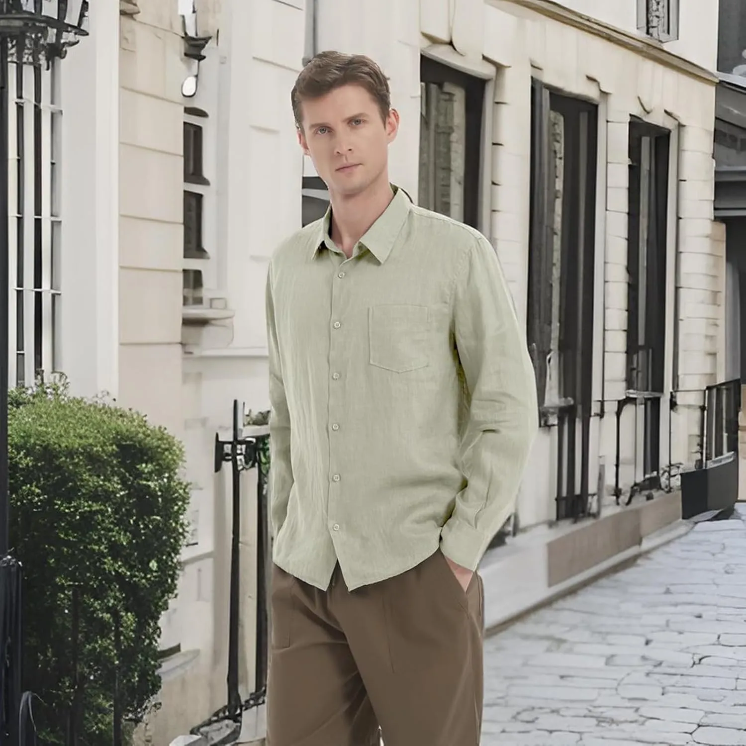 Men's 100% Linen Shirt Casual Long Sleeve Button-Down Shirt for Men Lightweight Linen Shirt with Pockets