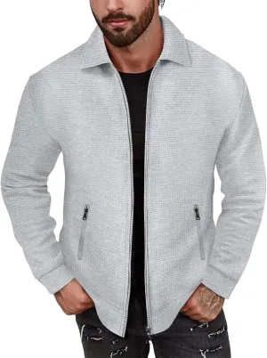 Mens Fleece Jackets Lightweight Full Zip Up Shawl Collar Waffle Knit Track Jackets Long Sleeve Casual Running Jacket
